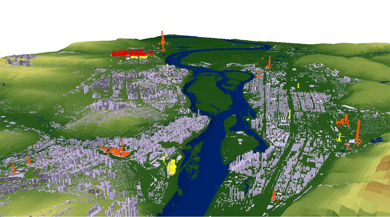 <nobr>3D-модель</nobr> агломерации краевого центра, характеризующую геоморфологию местности, гражданскую и промышленную застройки, развитость дорожной инфраструктуры и другие факторы